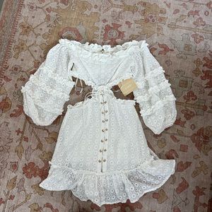 Sabo White Ruffle Embroidered Dress